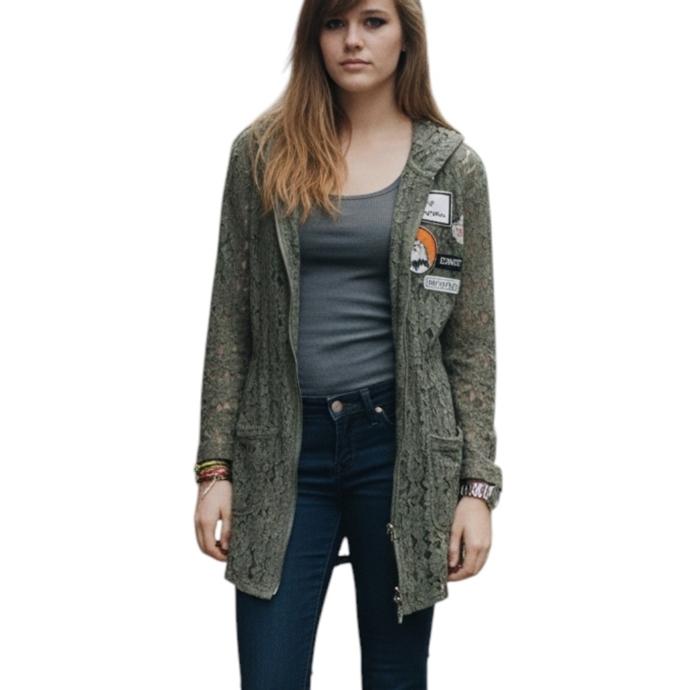 Tuart Jacket Y2K Lace Womens Med Goblin Mesh Sheer Layering Patches Hood Green